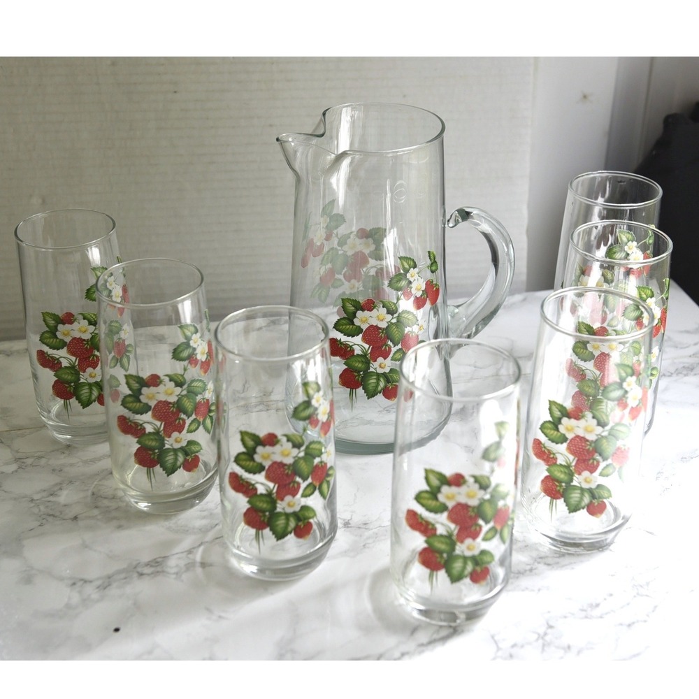 VTG West Virginia Glass Strawberry Glass Pitcher 7 Tumbler Set Retro 70s Cottage